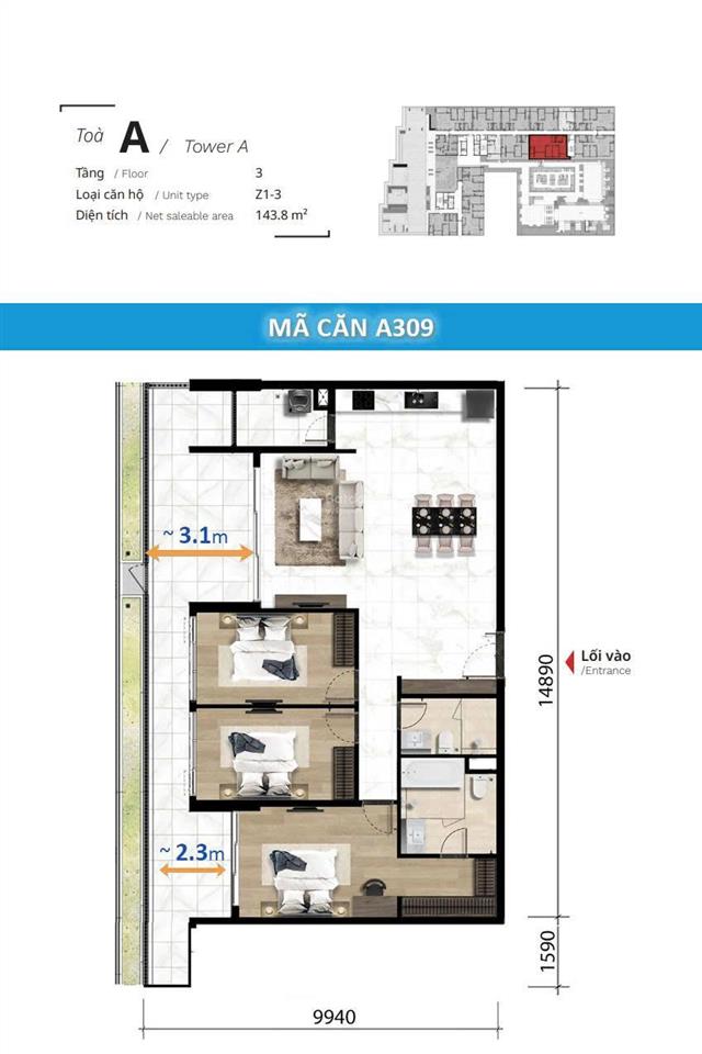 Căn hộ 3pn the ten 143.8m², ban công full 40m², sâu 3,5m. bước thẳng ra sân vườn tiện ích tầng 3