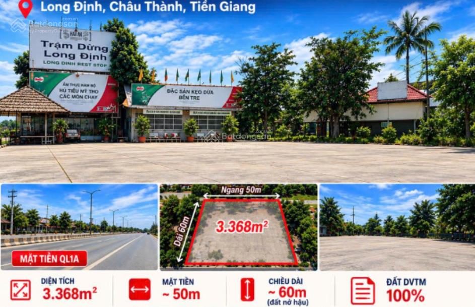 Đất dvtm mặt tiền quốc lộ 1a, long định 3.368m2, mặt tiền 50m, tiện kinh doanh, showroom