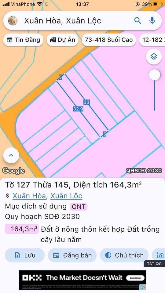 Bán đất thổ cư 2 lô liền kề. ngang mt 10m dài 33m, thổ cư 100%