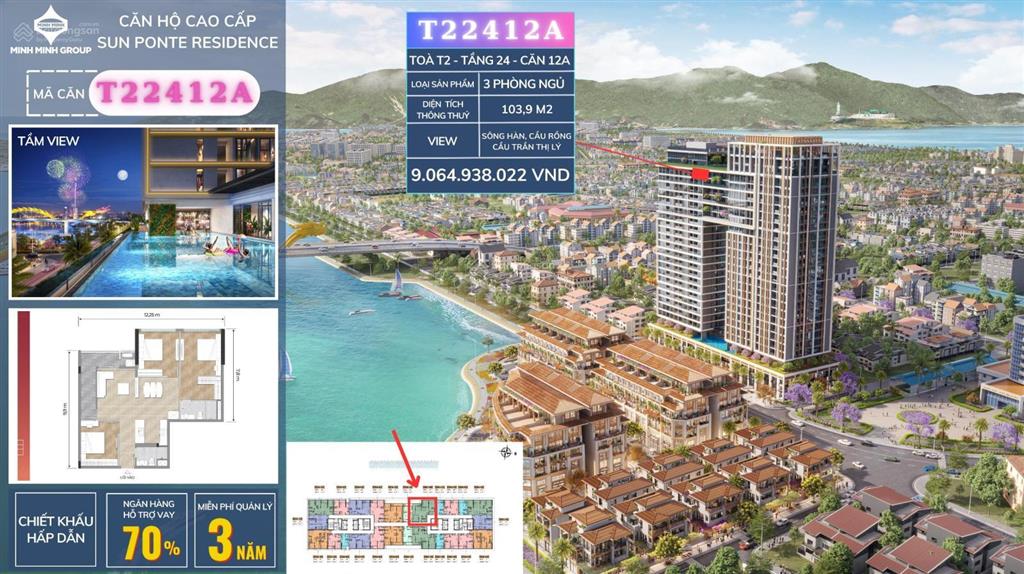 Căn hộ sun ponte trực diện sông hàn, căn góc 3br tầng 12 view trực diện sông chiết khấu đến 18%