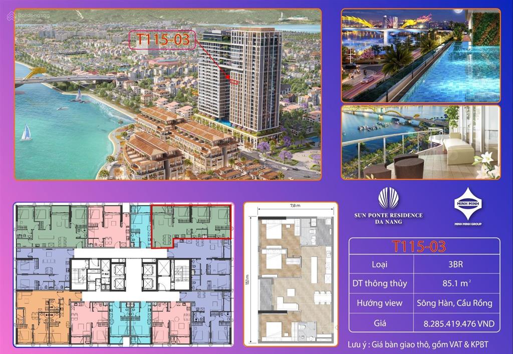 Căn hộ sun ponte trực diện sông hàn, căn góc 3br tầng 12 view trực diện sông chiết khấu đến 18%