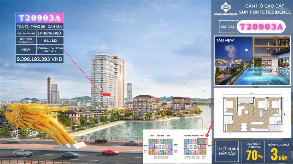 Căn hộ sun ponte trực diện sông hàn, căn góc 3br tầng 12 view trực diện sông chiết khấu đến 18%
