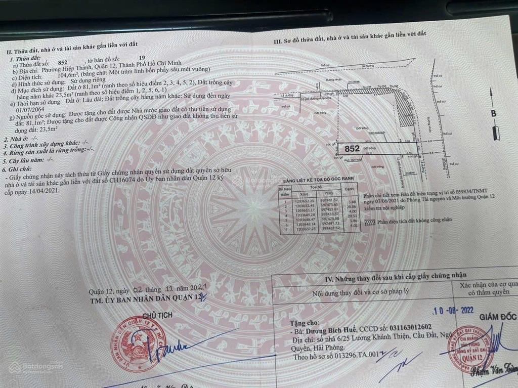 Bán đất mt hiệp thành 17,tân thới hiệp mới dt4x26,,6,9 tỷ, 104m2 giá tốt tl