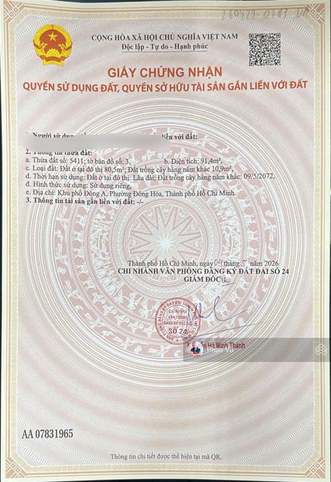 Bán đất mặt tiền huỳnh tấn phát, phường đông hòa, thành phố dĩ an, 4,65 tỷ, 92m2.  0909 290 ***