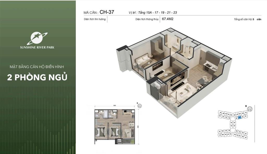 Bán 2 ngủ sunshine river park 67m2, hỗ trợ vay ngân hàng 70%, vốn tự có 2,8 tỷ