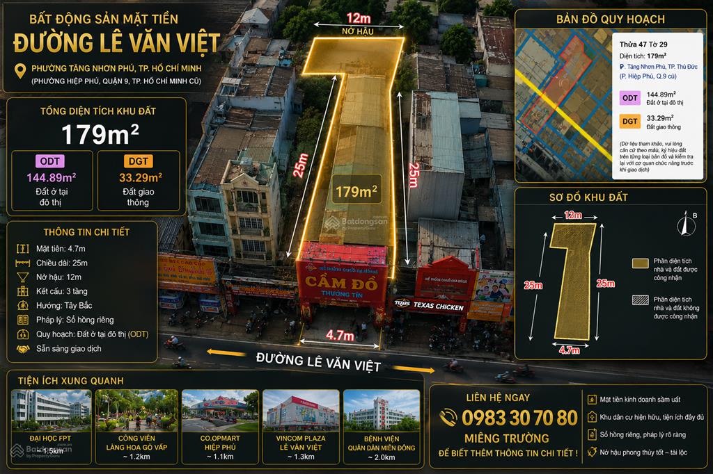 Bđs mặt tiền 179m2, lê văn việt, 35 tỷ giá bán nhanh !