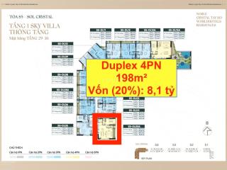 Căn góc duplex 4pn 198m2 tầng cao view hồ tây, giá 40 tỷ. vay chỉ cần vốn 8,1 tỷ ký hđmb ngay