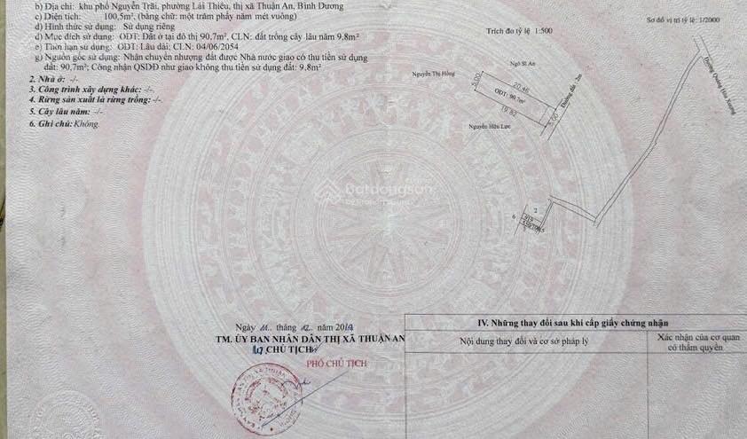 Đất gần chợ lái thiêu dt 100m (5x20m) thổ cư full