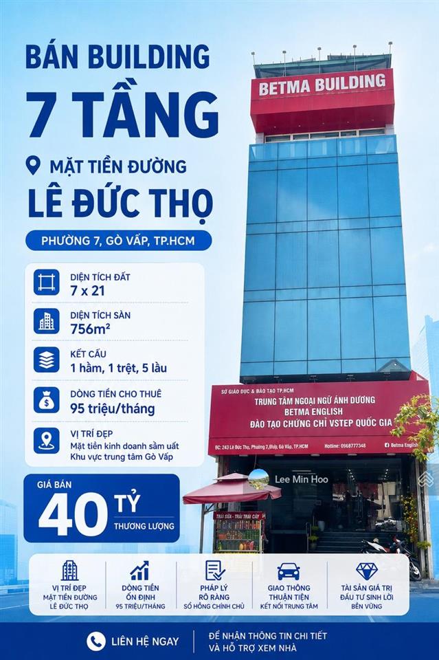 Giảm về giá sàn!! mặt tiền lê đức thọ. dt 7x21  6 tầng + 1 hầm, thang máy, hđ thuê 90tr/tháng.