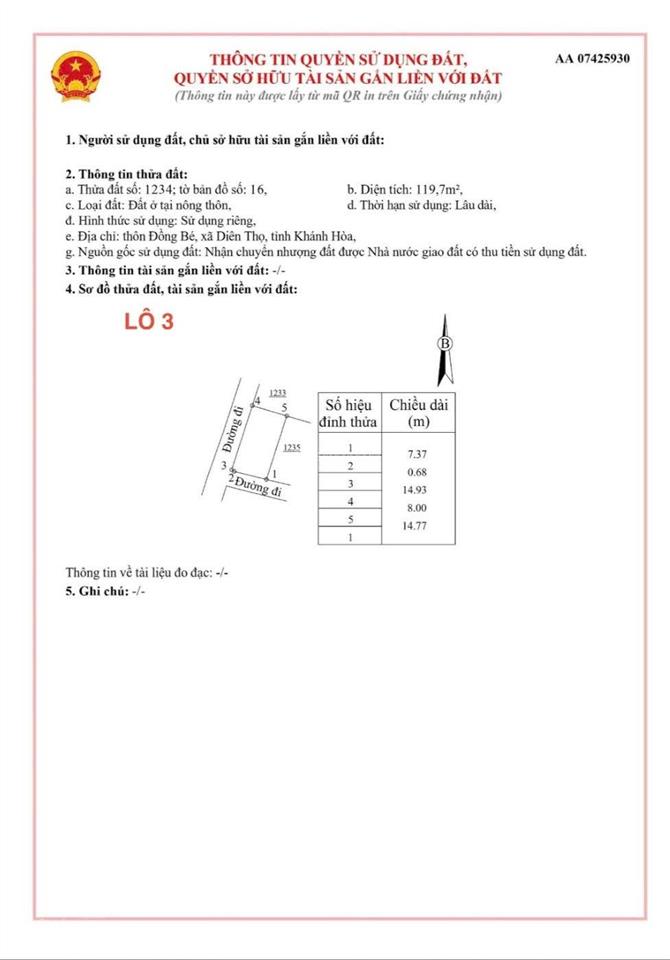 Của nhà trồng  đất nền diên thọ  diên khánh, đầy tiềm năng giá gốc cực mềm (hh cao ae liên kết)