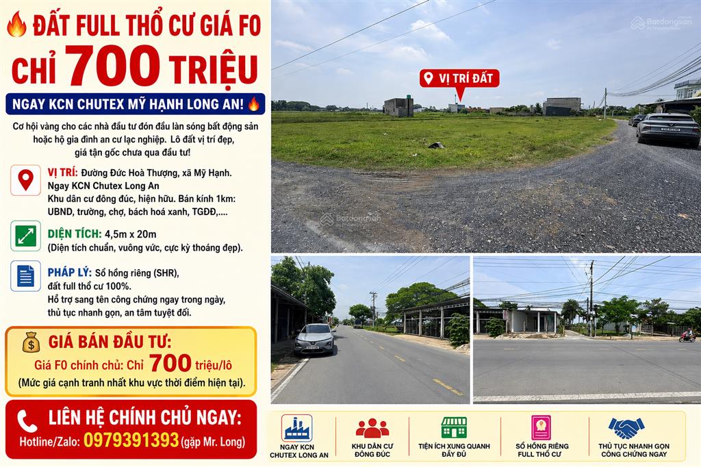 Đất full thổ cư giá f0 chỉ 700 triệu ngay kcn chutex mỹ hạnh long an