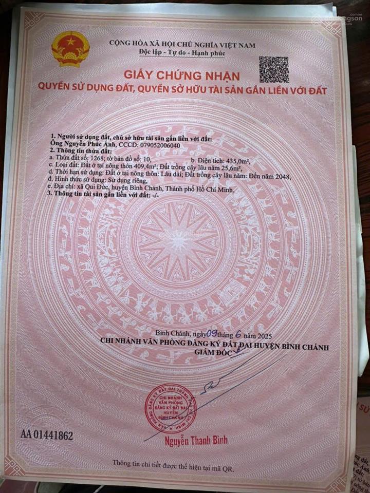 Chính chủ cần bán đất mặt tiền đoàn nguyễn tuấn, 435m2 đất ở qui đức bình chánh. ngang 10x43m shr