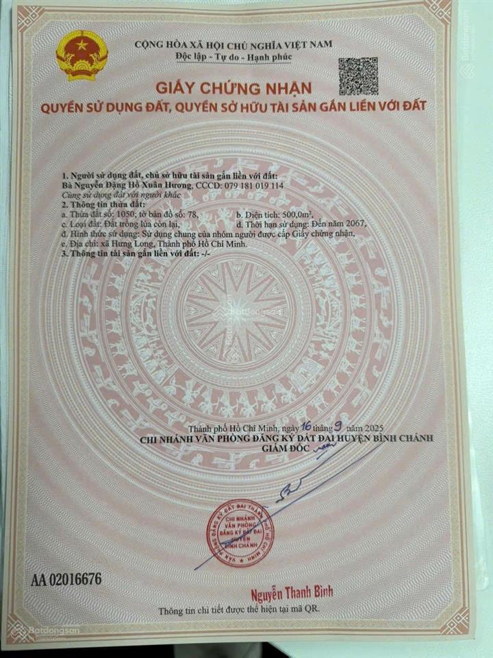 Cần bán đất vườn 500m, lô nhì đường bùi văn sự, hưng long bình chánh, shr chính chủ. giá rẻ 1 tỷ tl