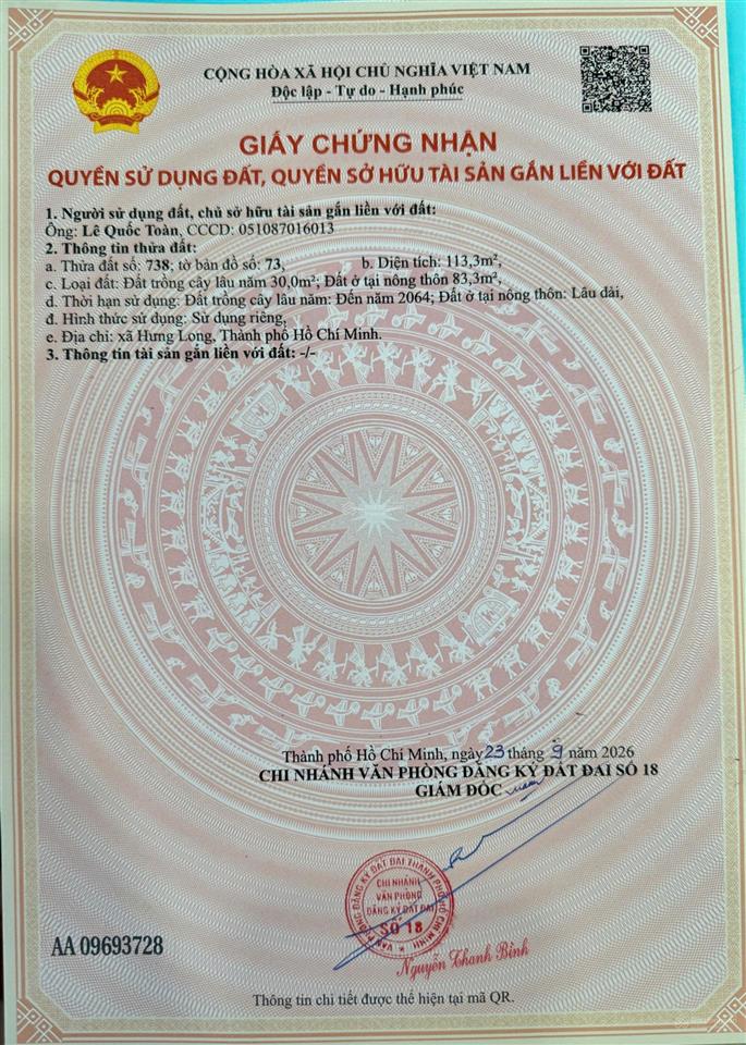 Cần bán nền đất ở, mặt tiền đường nhựa, dt 113m2, giá 2.65 tỷ. shr từng nền hưng long bình chánh