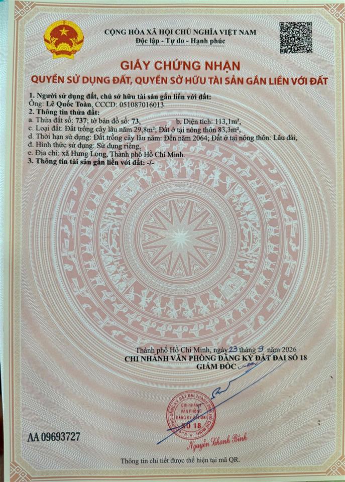 Cần bán nền đất ở, mặt tiền đường nhựa, dt 113m2, giá 2.65 tỷ. shr từng nền hưng long bình chánh