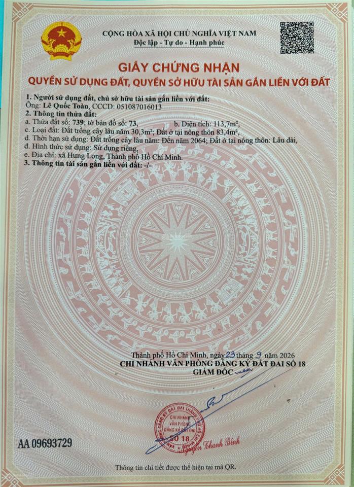 Cần bán nền đất ở, mặt tiền đường nhựa, dt 113m2, giá 2.65 tỷ. shr từng nền hưng long bình chánh