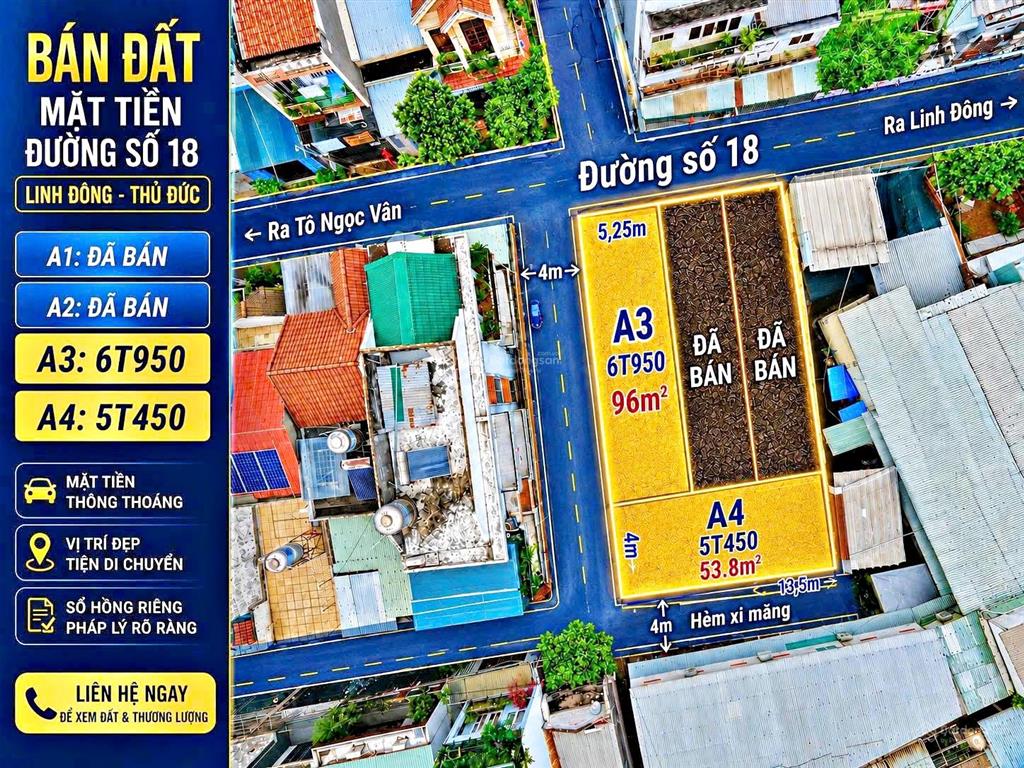 Cần bán lô đất 2 mặt tiền đường số 18  linh đông  dt96m² (5.25x18)  sổ riêng  xây được 5 tầng
