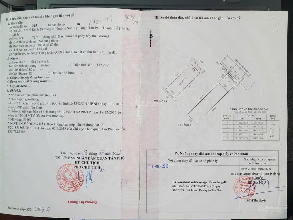 Bán nhà riêng 74m2 (4,1m x 18,5m), 6,65 tỷ, hẻm 121 kênh 19/5, p sơn kỳ, q. tân phú, hcm