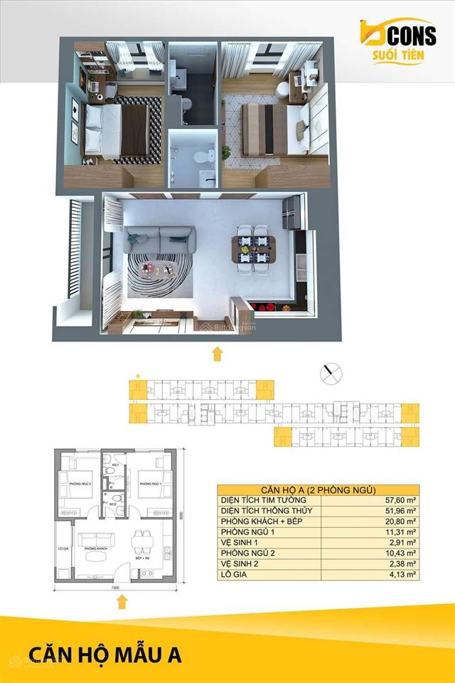 Khách thân bán căn 2pn2wc 57,8m2 bcons suối tiên, giá 2,55tỷ đã bao gồm thuế, có sẵn nội thất