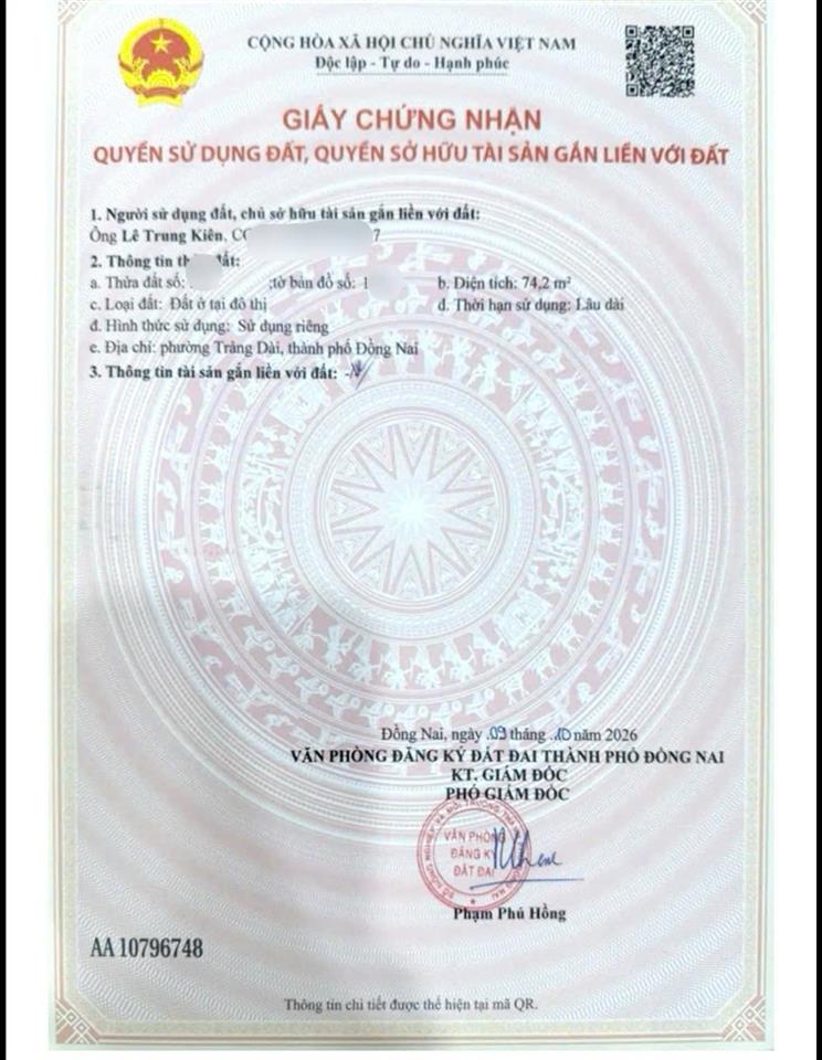 Bán đất khu phố 3 trảng dài  ngay cây xăng đức hưng  sổ riêng thổ cư chỉ 1,85 tỷ