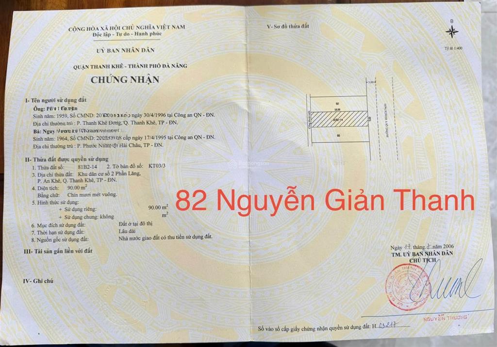 Mt nguyễn giản thanh khu thanh khê diện tích 90m2, khu vực dân trí cao, gần chợ, trường học, tttm