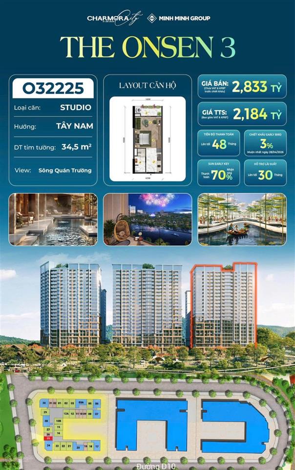 Căn studio view sông đẹp thoáng mát, toà onsen3 chỉ 2.1 tỷ