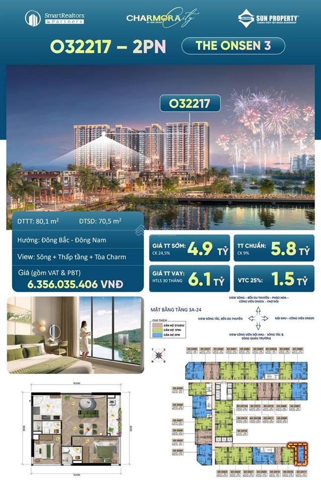 Căn góc 2 phòng ngủ  the onsen 3 hướng đông nam  tts chỉ 4,9 tỷ