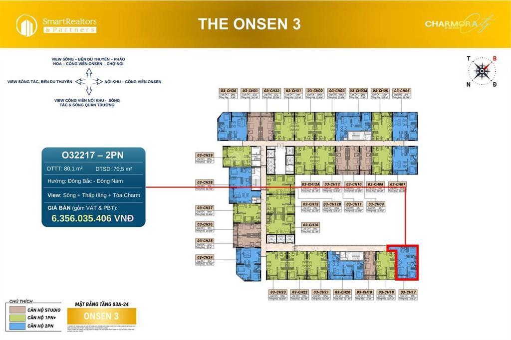 Căn góc 2 phòng ngủ  the onsen 3 hướng đông nam  tts chỉ 4,9 tỷ