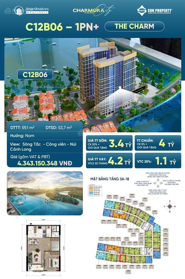 Căn 1pn+ onsen 2, tầng trung view sông  giá chỉ 3,5 tỷ