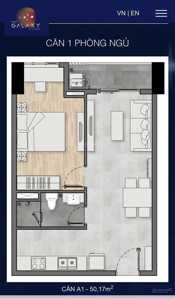 Bán căn hộ new galaxy, thống nhất, bình dương, 50,17m2, 1pn, 1wc, giá cắt lỗ.