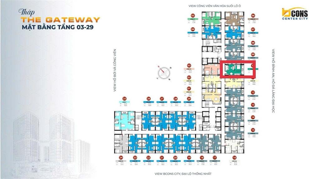 Bán căn 1pn hướng đn bcons center city tầng 08 giá thấp hơn giá cđt  view hồ đá