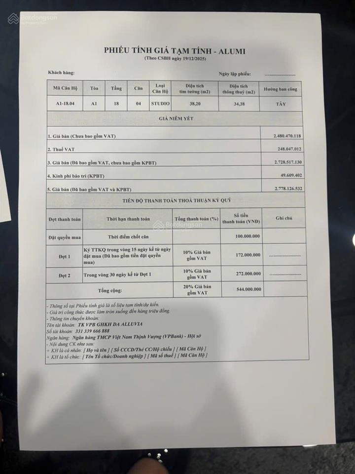 Chính chủ cắt lỗ 1** căn studio hoa hậu  alumi