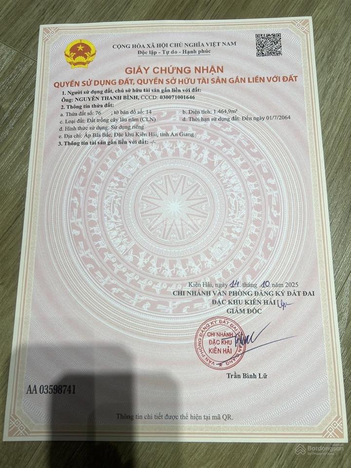 Cần bán nhanh lô đất đảo hòn sơn, mặt bãi tắm, mặt tiền 88 m khu trung tâm  dt 1.465 m2