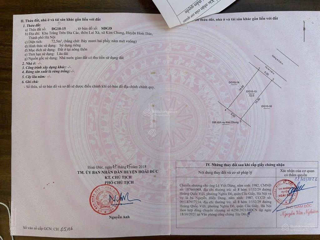 Bán lô đất đấu giá lai xá, hoài đức s 72,5m2, mt 5m có khe thoáng. giá đầu tư