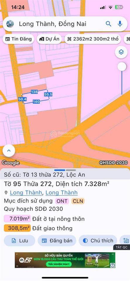 Bán lô đất 44.685m2 góc 2 mặt tiền trước sau sát dt 769, thổ cư, gần tđc & sb long thành, giá rẻ