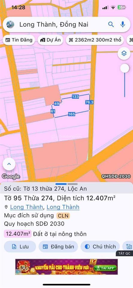 Bán lô đất 44.685m2 góc 2 mặt tiền trước sau sát dt 769, thổ cư, gần tđc & sb long thành, giá rẻ