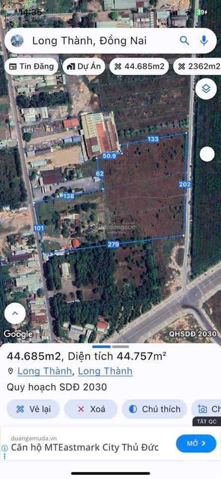Bán lô đất 44.685m2 góc 2 mặt tiền trước sau sát dt 769, thổ cư, gần tđc & sb long thành, giá rẻ