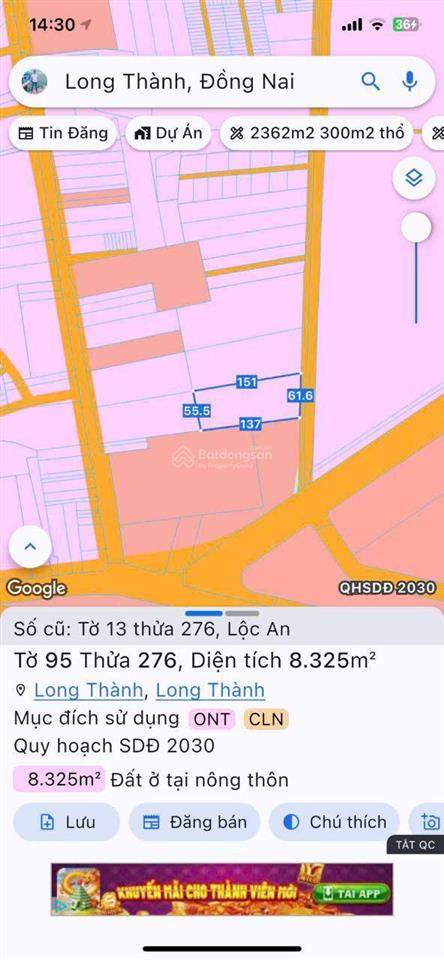 Bán lô đất 44.685m2 góc 2 mặt tiền trước sau sát dt 769, thổ cư, gần tđc & sb long thành, giá rẻ