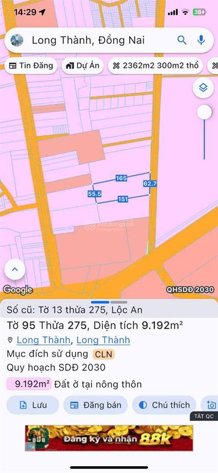 Bán lô đất 44.685m2 góc 2 mặt tiền trước sau sát dt 769, thổ cư, gần tđc & sb long thành, giá rẻ
