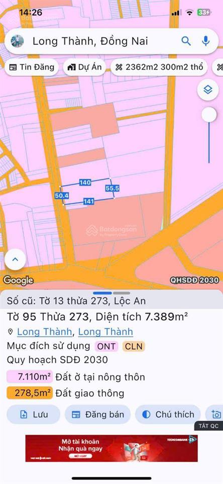 Bán lô đất 44.685m2 góc 2 mặt tiền trước sau sát dt 769, thổ cư, gần tđc & sb long thành, giá rẻ