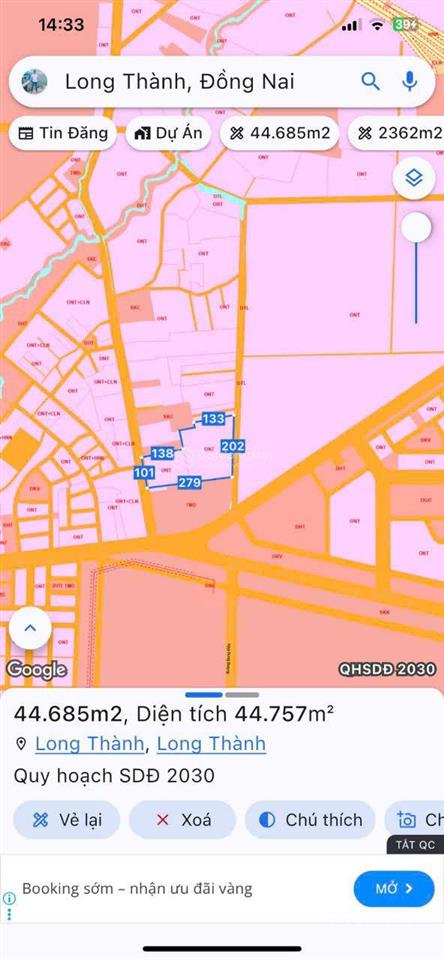 Bán lô đất 44.685m2 góc 2 mặt tiền trước sau sát dt 769, thổ cư, gần tđc & sb long thành, giá rẻ