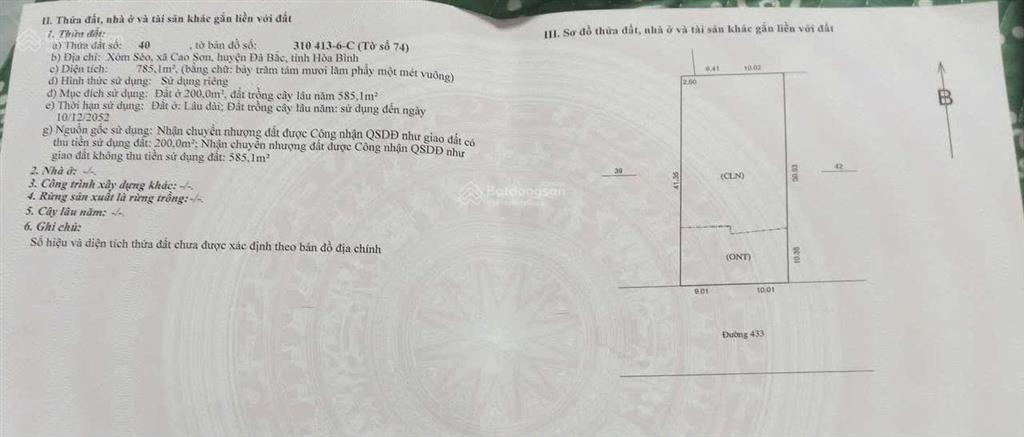 Bán đất tại đường tỉnh lộ 433, xã cao sơn, đà bắc, hòa bình, 3,7 triệu/m2, 785,1 m2  giá siêu hời