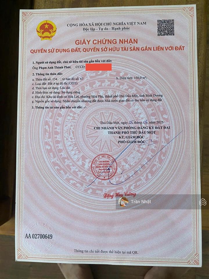 Chính chủ gửi bán gấp lô đất mặt tiền đường d9 khu tđc hoà lợi b trung tâm tp mới giá tốt