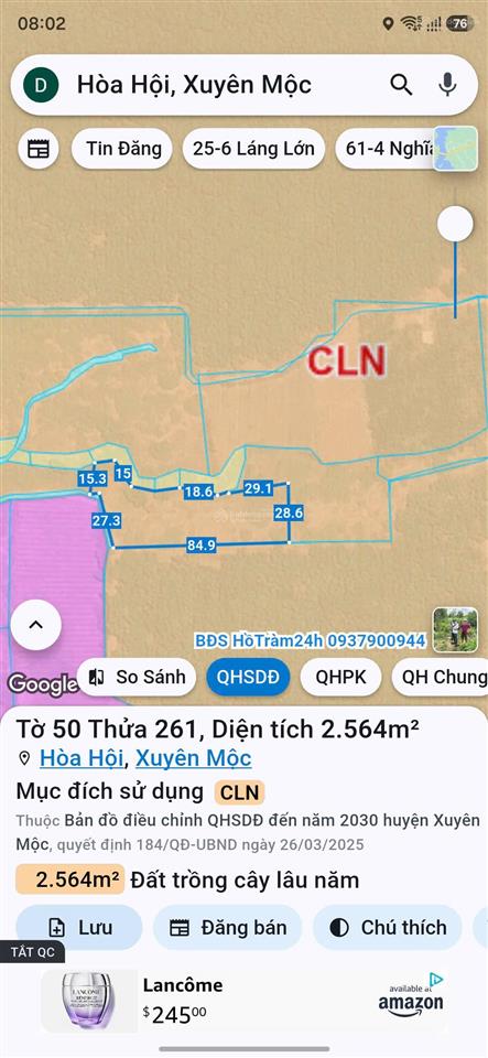 Bán 4 sào 8 đất quy hoạch sông ray 2, xã hòa bình, huyện xuyên mộc, br  vt