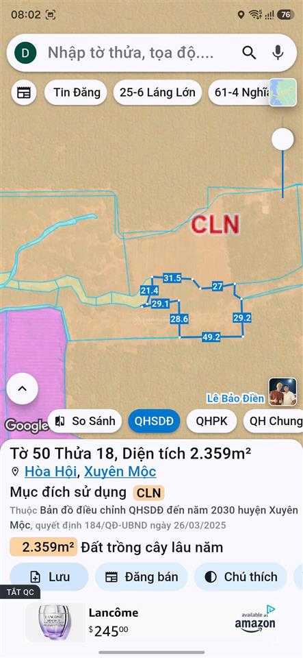 Bán 4 sào 8 đất quy hoạch sông ray 2, xã hòa bình, huyện xuyên mộc, br  vt