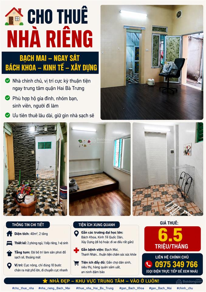 Cho thuê nhà riêng khu vực bạch mai sát bách  kinh  xây