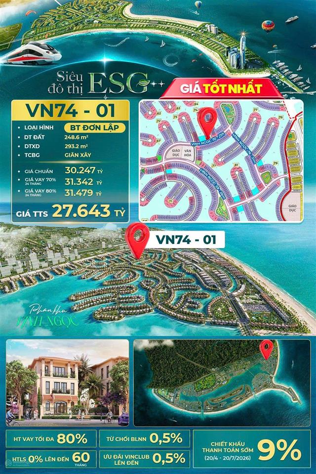 Sót lại 27,6 tỷ  căn góc biệt thự đơn lập view hồ vinhomes cần giờ  248m² hướng đnđb mát mẻ