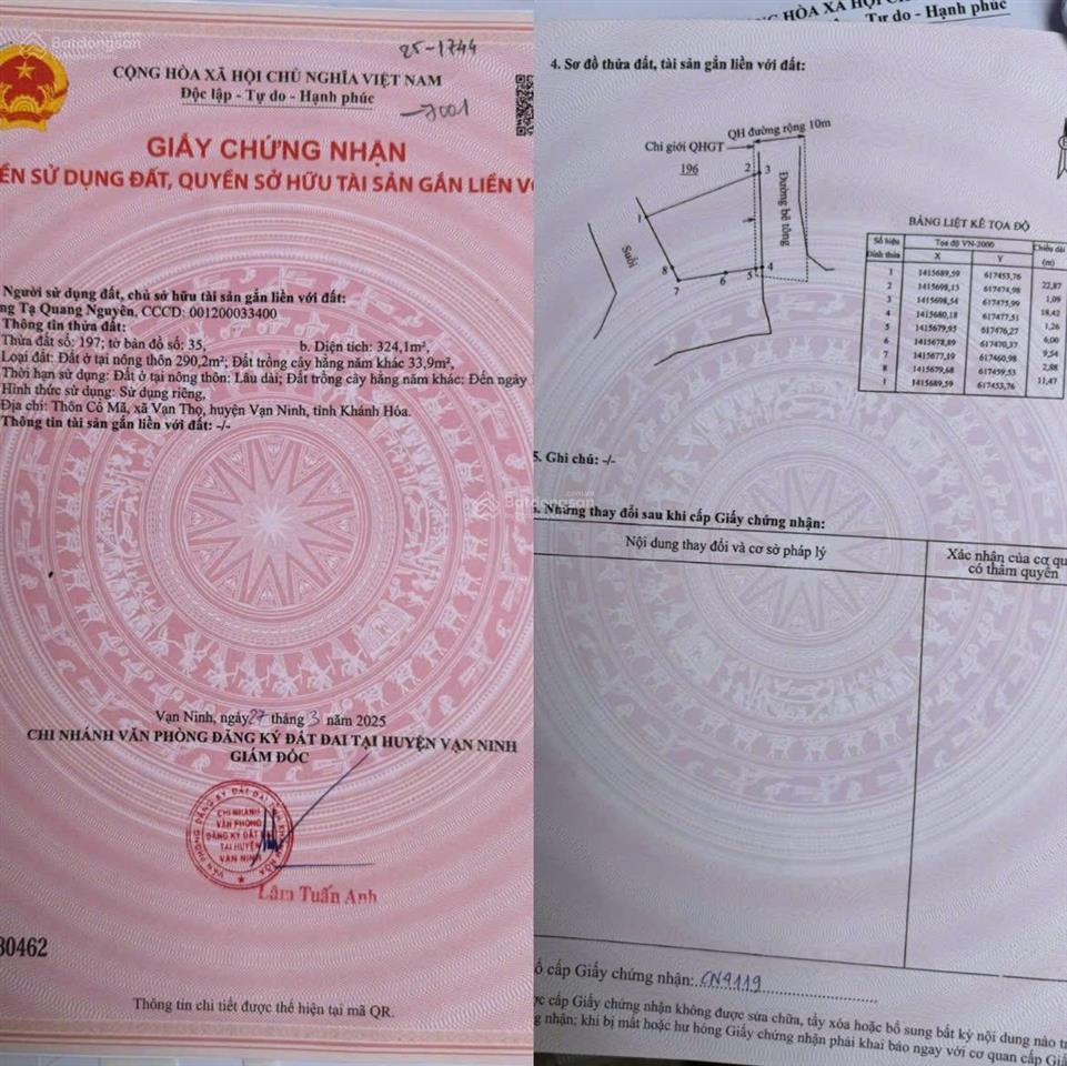 Bán đất thổ cư giáp suối xã vạn thọ huyện vạn ninh