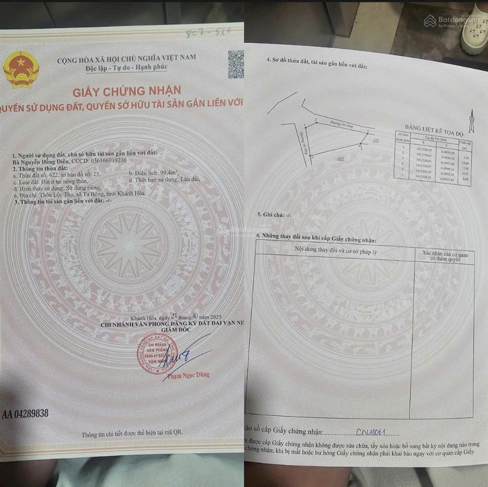 Bán đất thổ cư thôn lộc thọ, xã tu bông, tỉnh khánh hòa