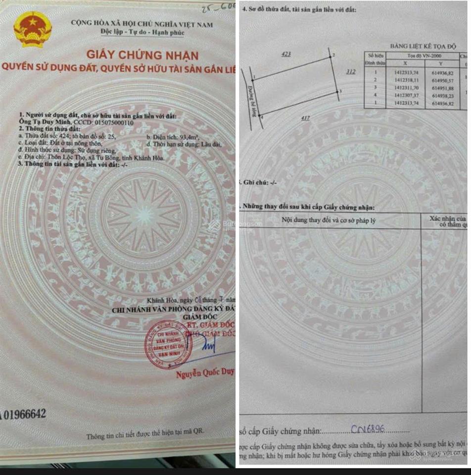 Bán đất thổ cư thôn lộc thọ, xã vạn long, huyện vạn ninh, khánh hòa